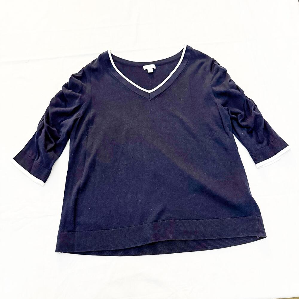 J. Jill Navy Blue V-Neck Sweater Ruched Sleeve White Piping Size L Petite